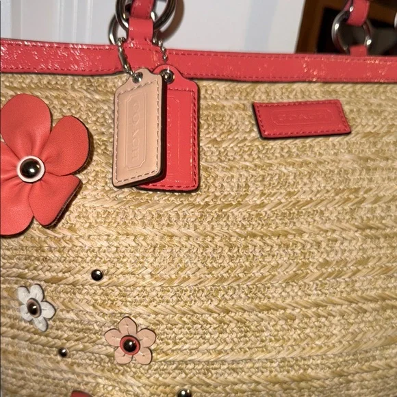 Coach Natural Straw Tote with pink and white leather Floral Accents - Picture 3 of 7